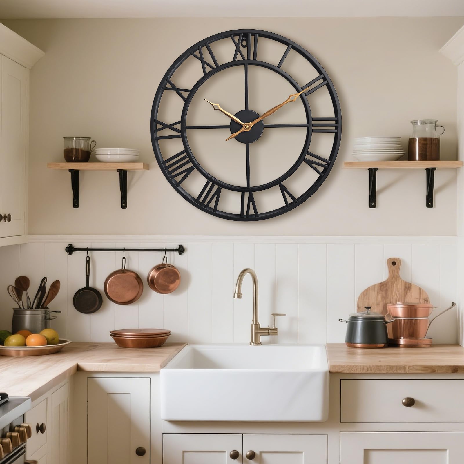 Reloj de pared grande, redondo, silencioso, industrial, vintage, de metal negro, estilo rústico, con grandes números romanos