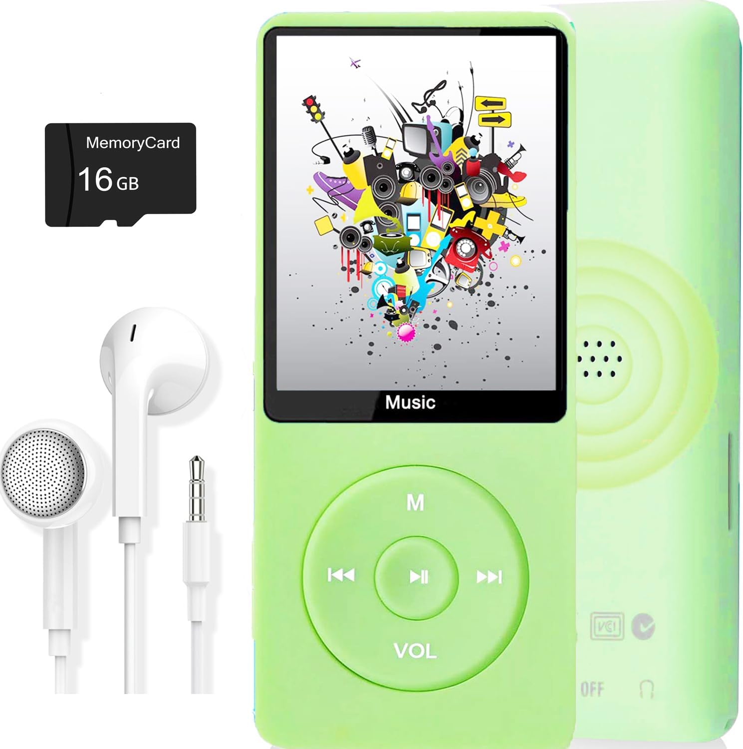 MP3 Player, Music Player with 16GB Micro SD Card, Build-in Speaker/Photo/Video Play/FM Radio/Voice Recorder/E-Book Reader, Supports up to 128GB Light green