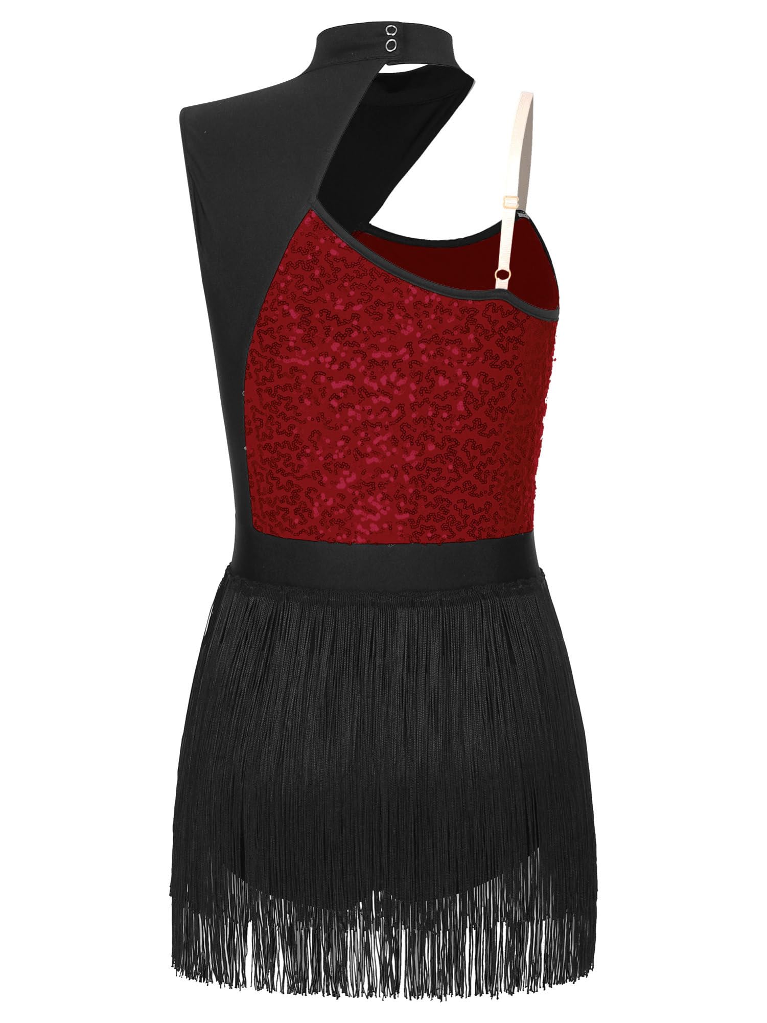 IEFIEL Vestido de Danza Lentejuelas con Flecos sin Manga para Mujer Maillot de Baile Latino Tango S-XXL