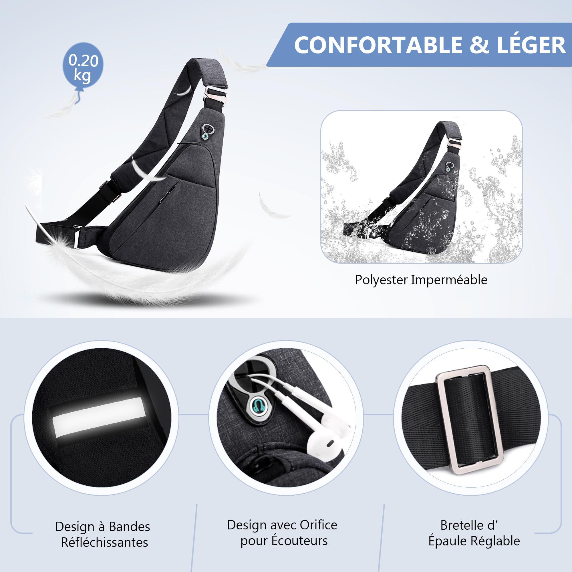 VARLIVOO Sac de Poitrine Homme, Petit Sacoche Bandouliere Sac à Bandoulière Antivol Imperméable pour Voyage Randonnée Cyclisme Sports Noir C