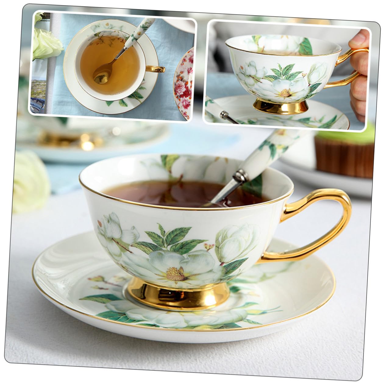 Toyvian Set Tazzine da Caffè in Porcellana con Decoro Dorato, Design Ergonomico, Facile da Pulire, Completo di Piattino e Cucchiaino per Tè e Caffè