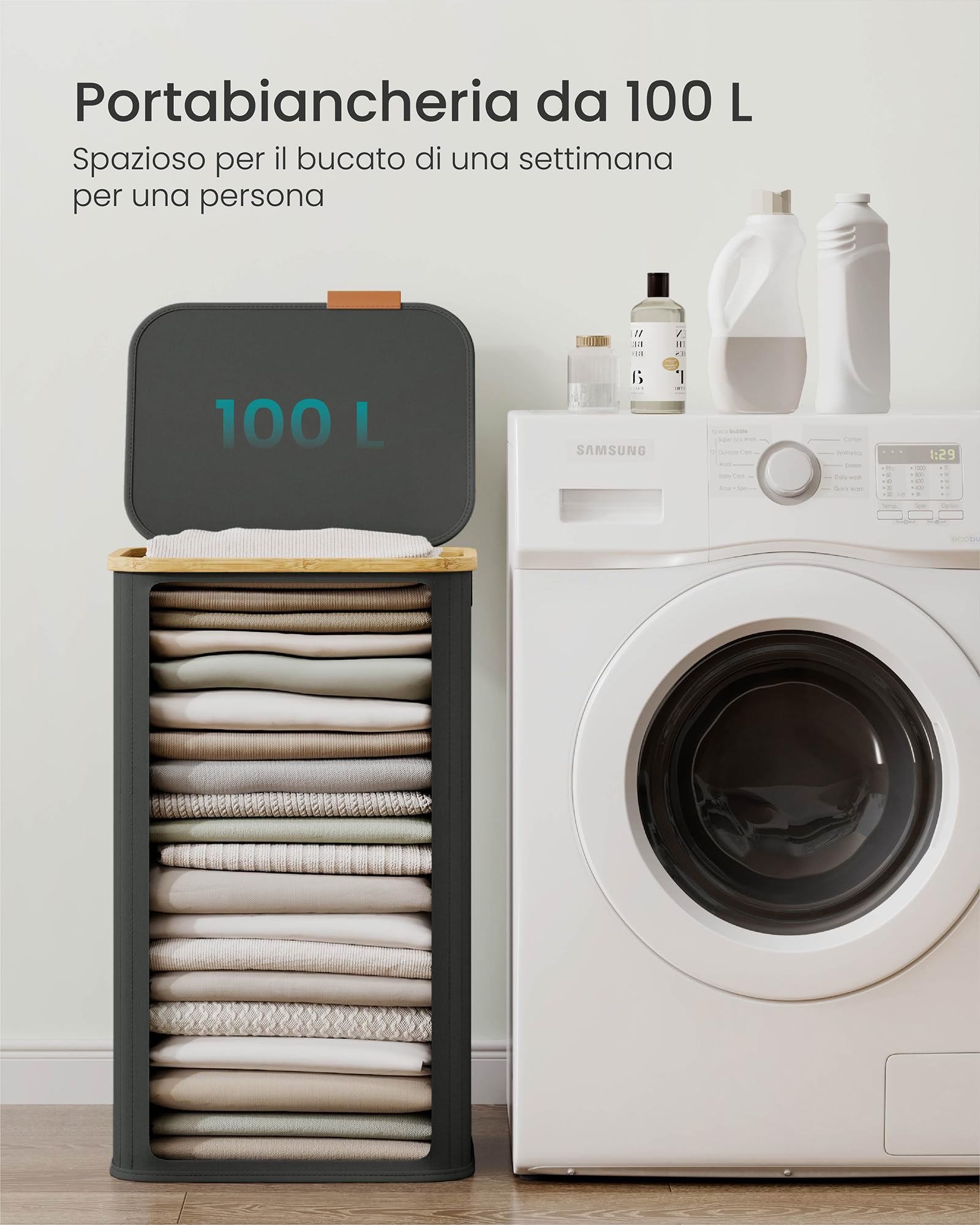 SONGMICS Cesto de Ropa con Tapa, Recogedor de Colada, Tejido de Oxford, Plegable, Marco de Bambú, Lavadero, Dormitorio y Salón, 100 L, 42 x 32 x 70,5 cm, Gris Pizarra LCB518GN01 - 5