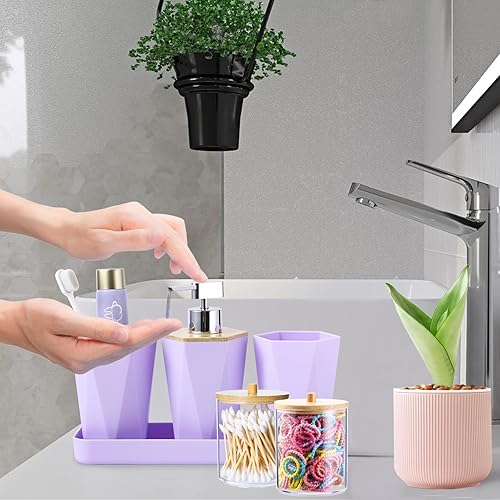 Miniatura 5 de Juego de accesorios de baño de 10 piezas, cubo de basura morado con tapa de bambú, cepillo de inodoro, dispensador de jabón, jabonera, vaso, soporte