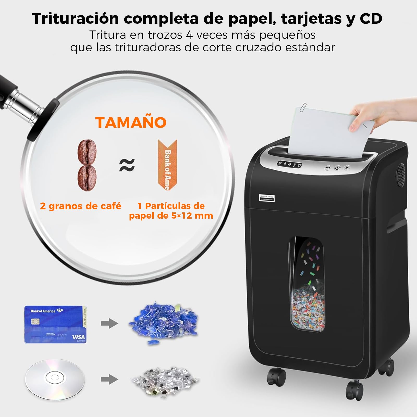 VidaTeco Trituradora de Papel Microcorte (P4) de 18 Hojas 30 l y 4 Ruedas | Destructora de Papel Shredder con una Autonomía de 60 Minutos,Destructora CD y Tarjetas de Crédito para oficina
