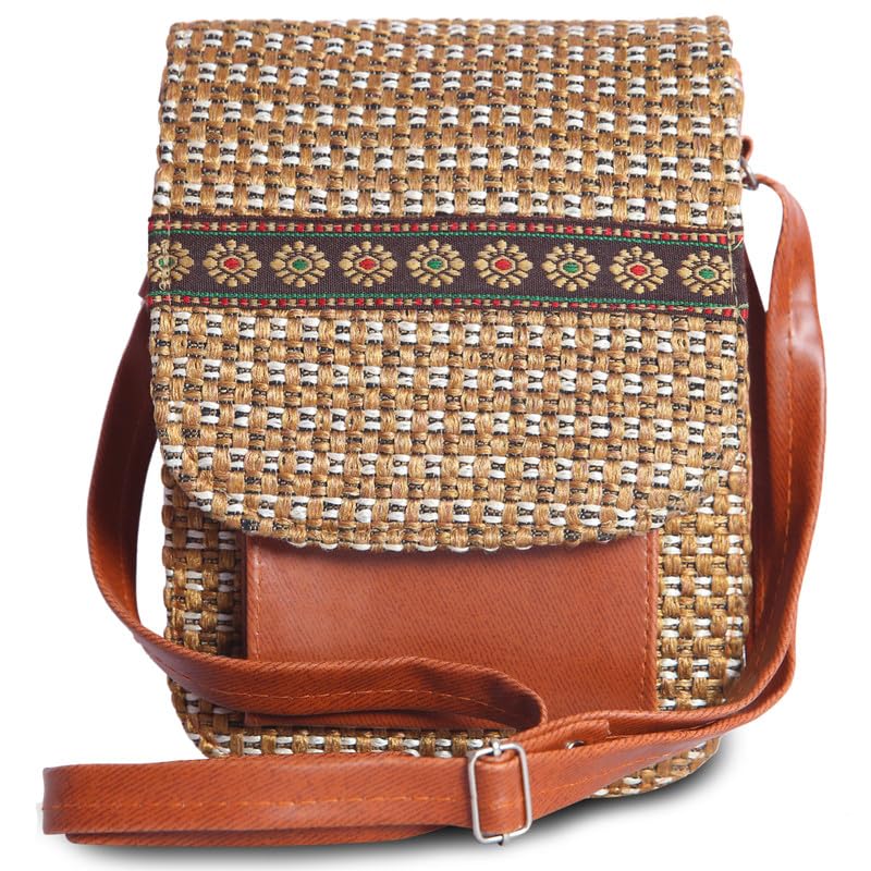 Image of Eco-Friendly Jute Ethnic Side Sling Bag /Cross Body Bag For Women /Girls With Front Mobile Pocket. Flop Closure With Adjustable Shoulder Strap-SLMB01