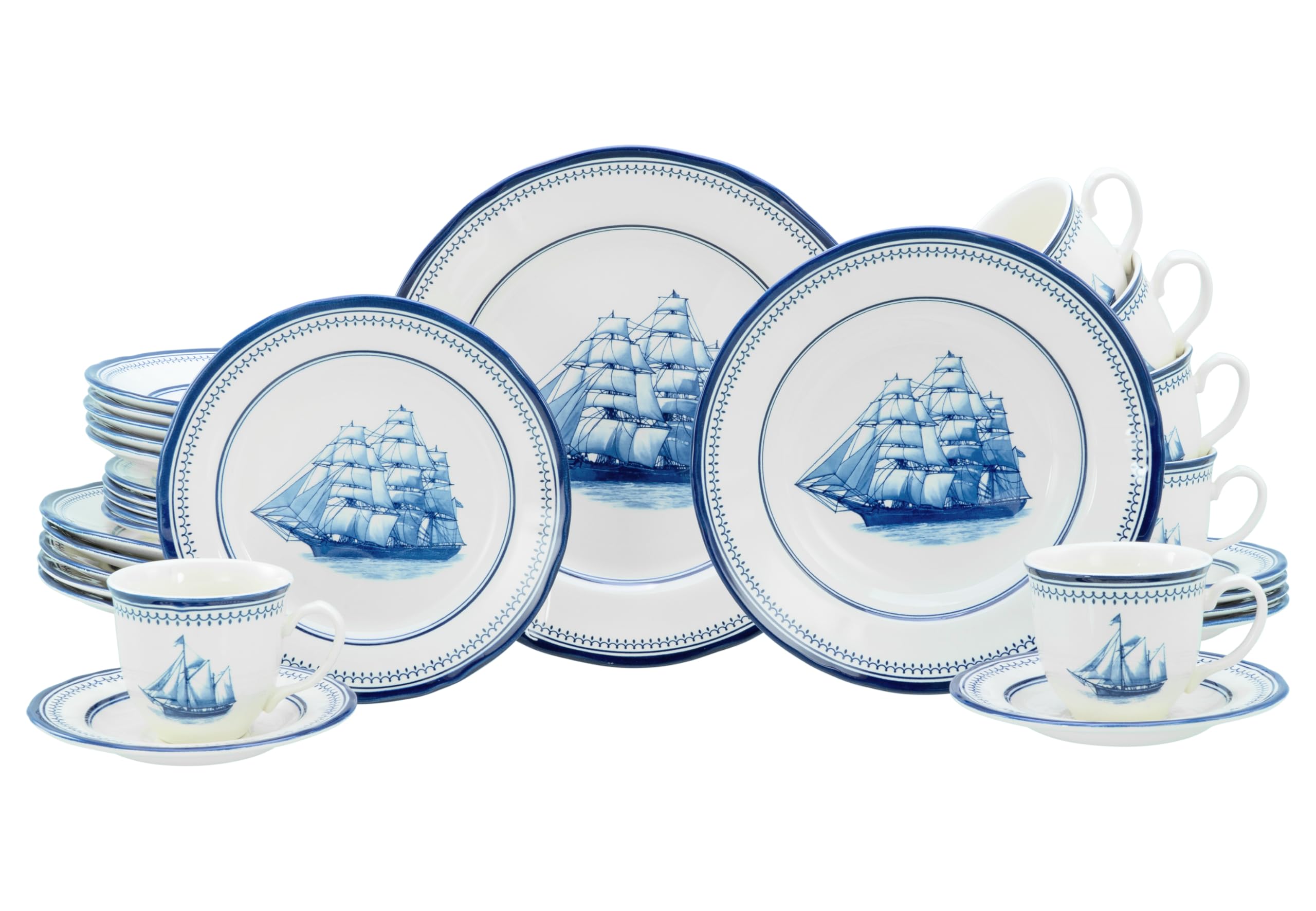 CreaTable, 24486, Serie Segelschiff Blau, 30-teiliges Geschirrset für 6 Personen, Kombiservice aus Steingut, spülmaschinen- und mikrowellengeeignet, Qualitätsproduktion