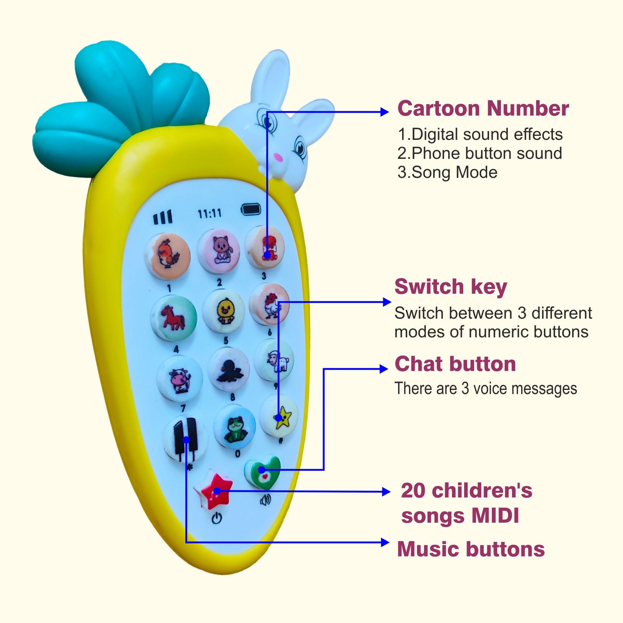 RAINBOW RIDERS Carrot Tunes Melody Phone for Kids Musical Mobile Phone for Kids with Animal Sound,Dialer Sound,Ringtones,Lights, Baterry Operated,Best Birthday Gift for 3+ Years. 2