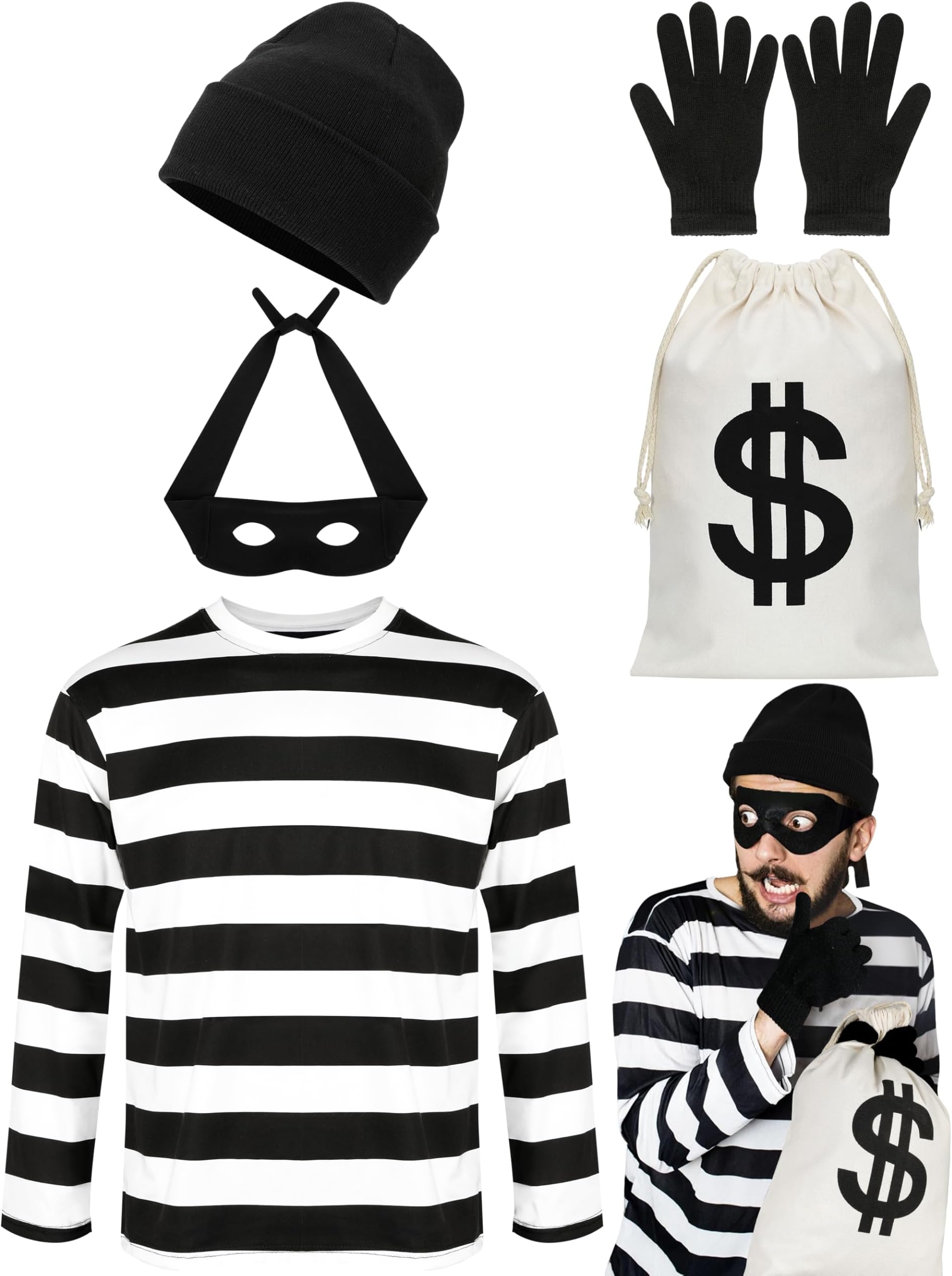QZYL Robber Costume Set, Unisex Thief Cosplay T Shirt Beanie Cap Gloves Eye Masks Money Bags for Halloween