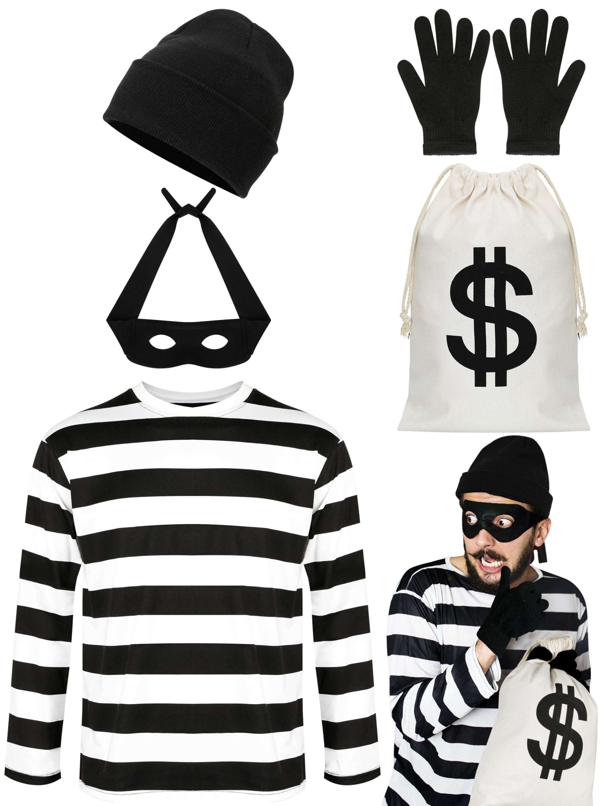 QZYL Robber Costume Set, Unisex Thief Cosplay T Shirt Beanie Cap Gloves Eye Masks Money Bags for Halloween