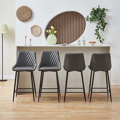 Miniatura 2 de CLIPOP Juego de 4 taburetes de bar de altura de mostrador, taburete de bar de piel sintética con respaldo (patrón de flecha), asiento tapizado,