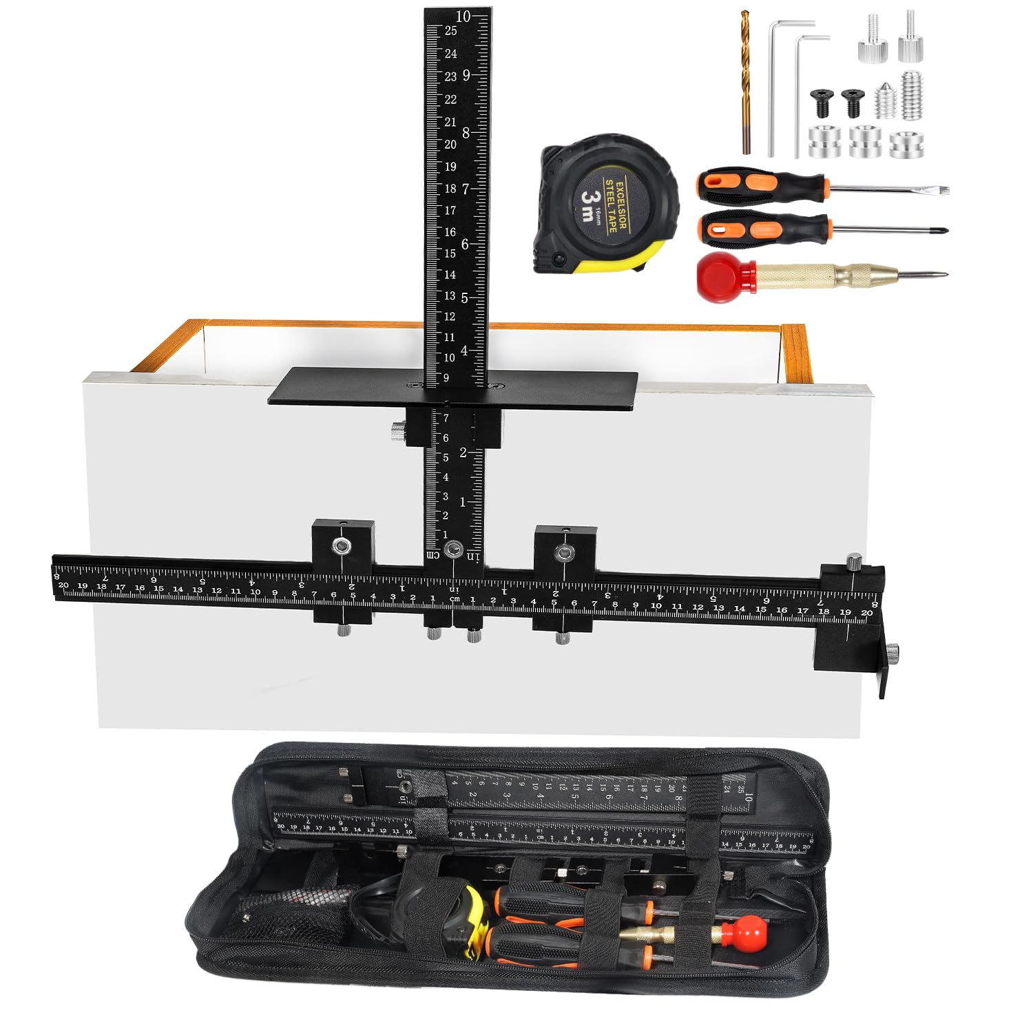 New Cabinet Hardware Jig Tool Set - Aluminum Alloy Cabinet Handle Jig – With Automatic Center Punch, Cabinet Jig 14-Piece - Adjustable Drill Guide for