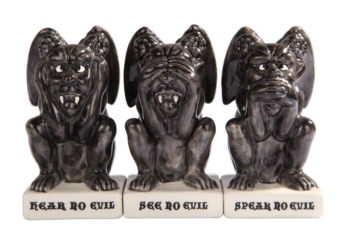 Attractives! Trio Gothic Gargoyles See Hear Speak no Evil Ceramic Salt Pepper Shakers and Toothpick Holder
