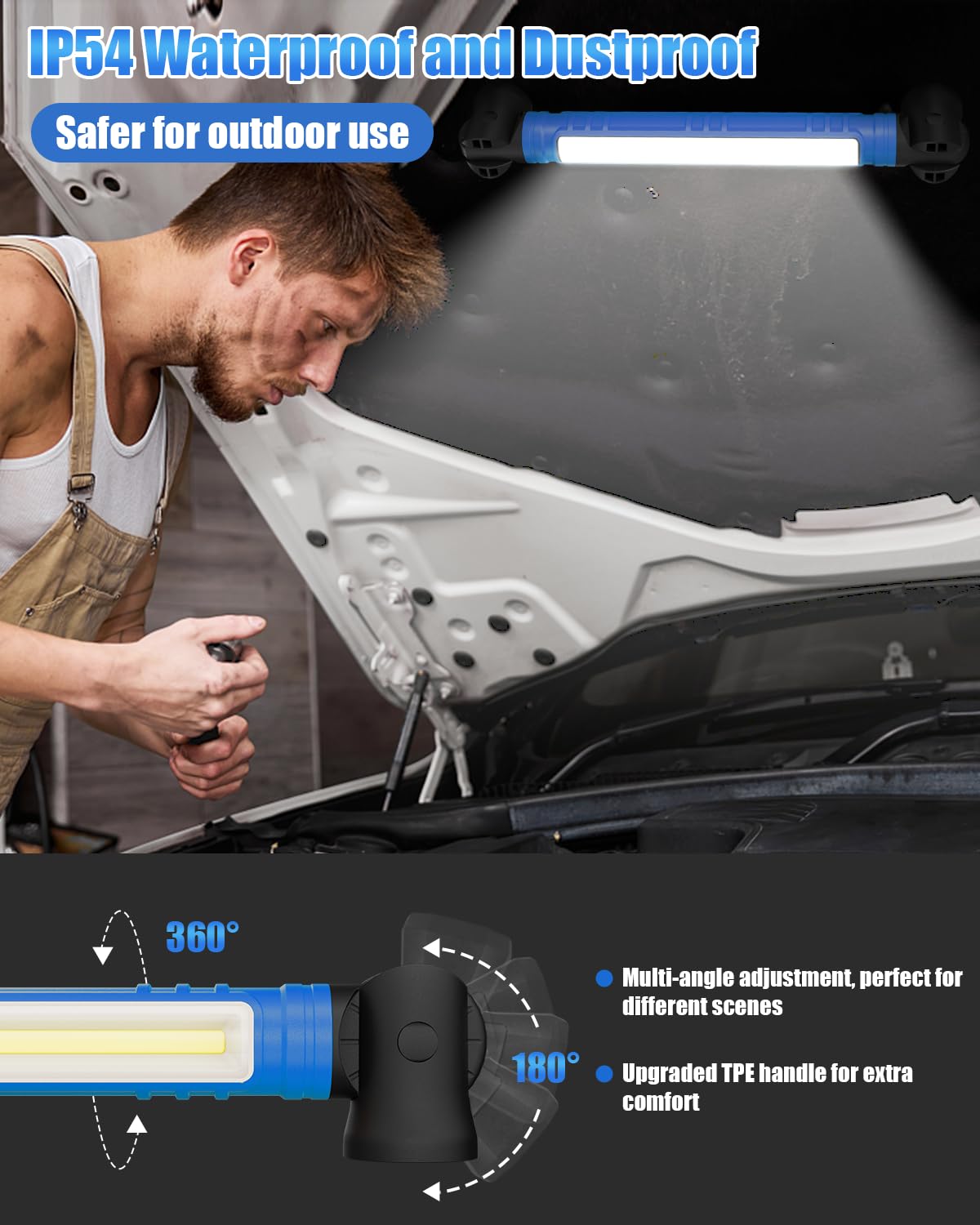 Luce da lavoro magnetica ricaricabile, 3000 lm, con ganci e base girevole, 6000 mAh, senza fili, per riparazioni auto, garage, ispezioni in officina