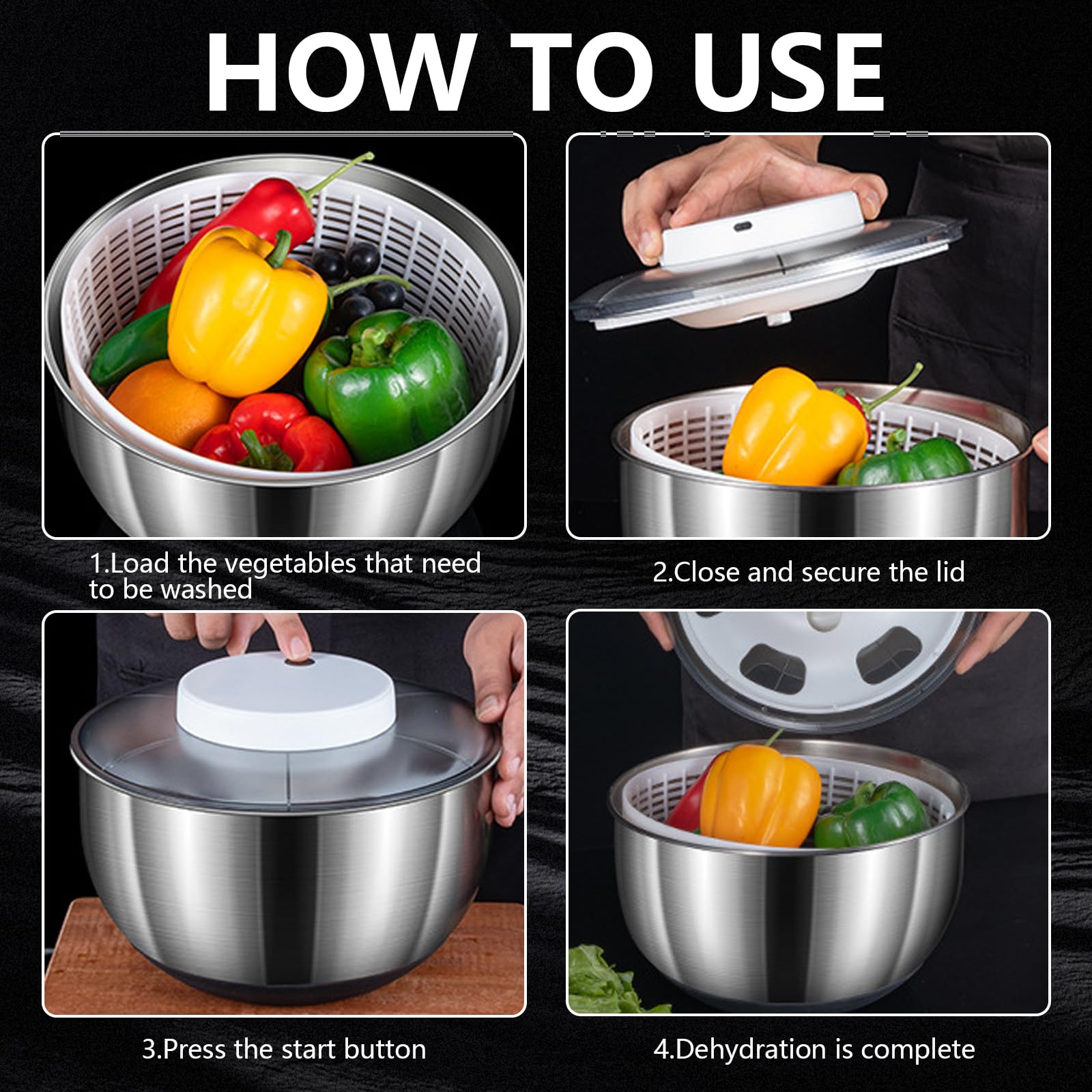 Centrifuga per Insalata, Centrifuga per Lattuga Automatica da 4,8 Litri, Asciuga Insalata Centrifuga di Grande Capacità in Acciaio Inossidabile, Elettrico USB Drenare Rapidamente Lava Insalata per Fru