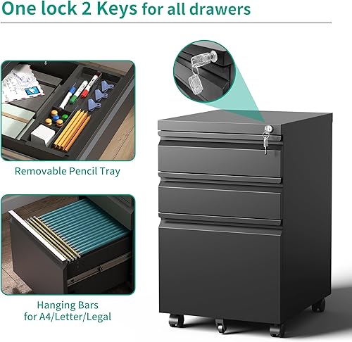 Miniatura 5 de Archivador móvil de 3 cajones, archivador rodante totalmente montado debajo del escritorio, archivador de metal con cerradura para organizador de