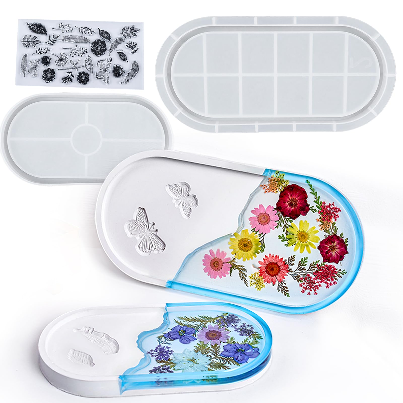 Silicone Tray Molds for Epoxy Resin Mold Tray with Sides 2 PCS Butterfly Carved Jewelry Trinket Dish Concrete Plaster Mould Large Oval Storage Plate Coaster Container Cement Moulds with Clear Stamps