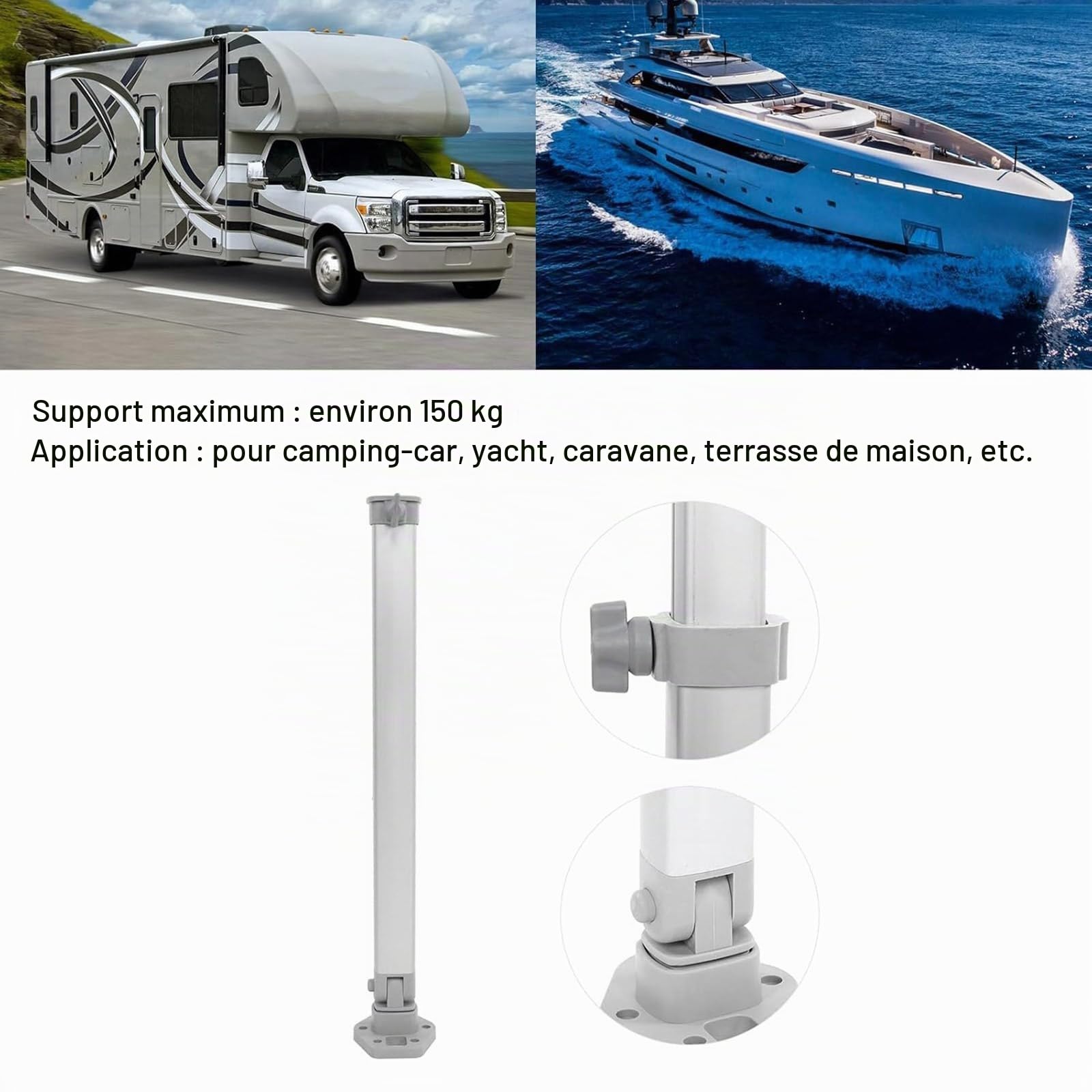 Pied de table pliable réglable pour caravane, bateau, couverture familiale, camping-car et camping-car