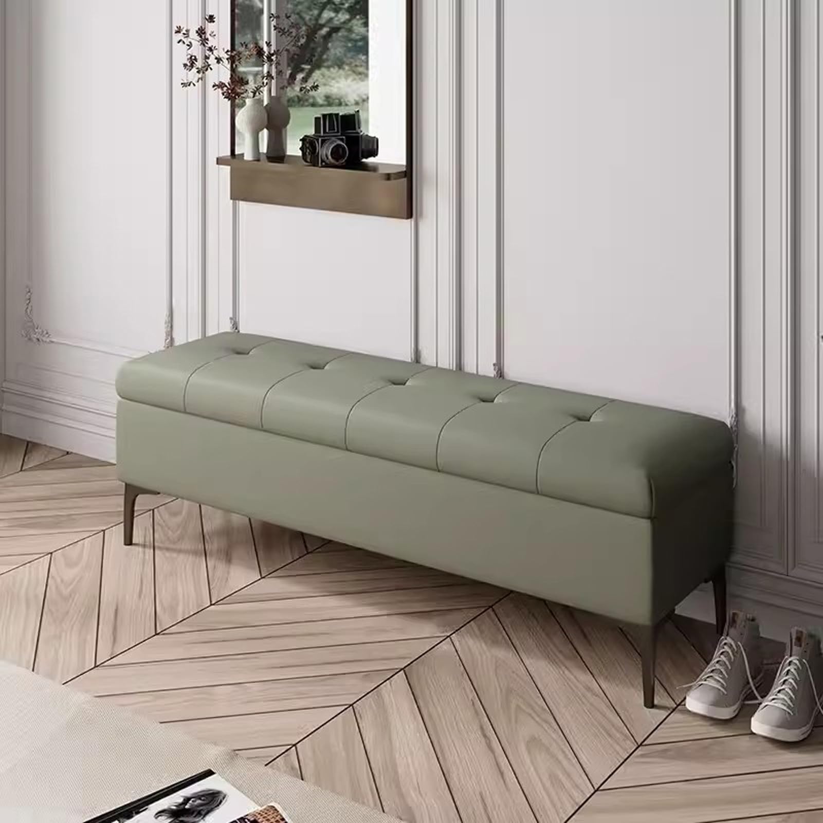 Banc de rangement ottoman coffre en cuir gain de place pour maison moderne