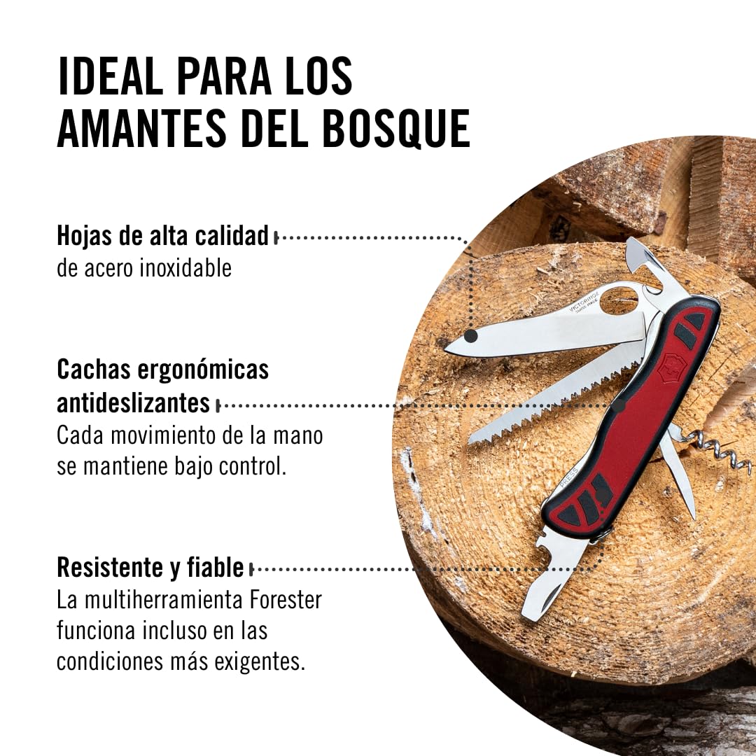 Victorinox Navaja suiza de bolsillo Forester M, 10 funciones, multiherramienta con hoja grande, abrelatas, destornillador 3 mm, para una mano, rojo/negro