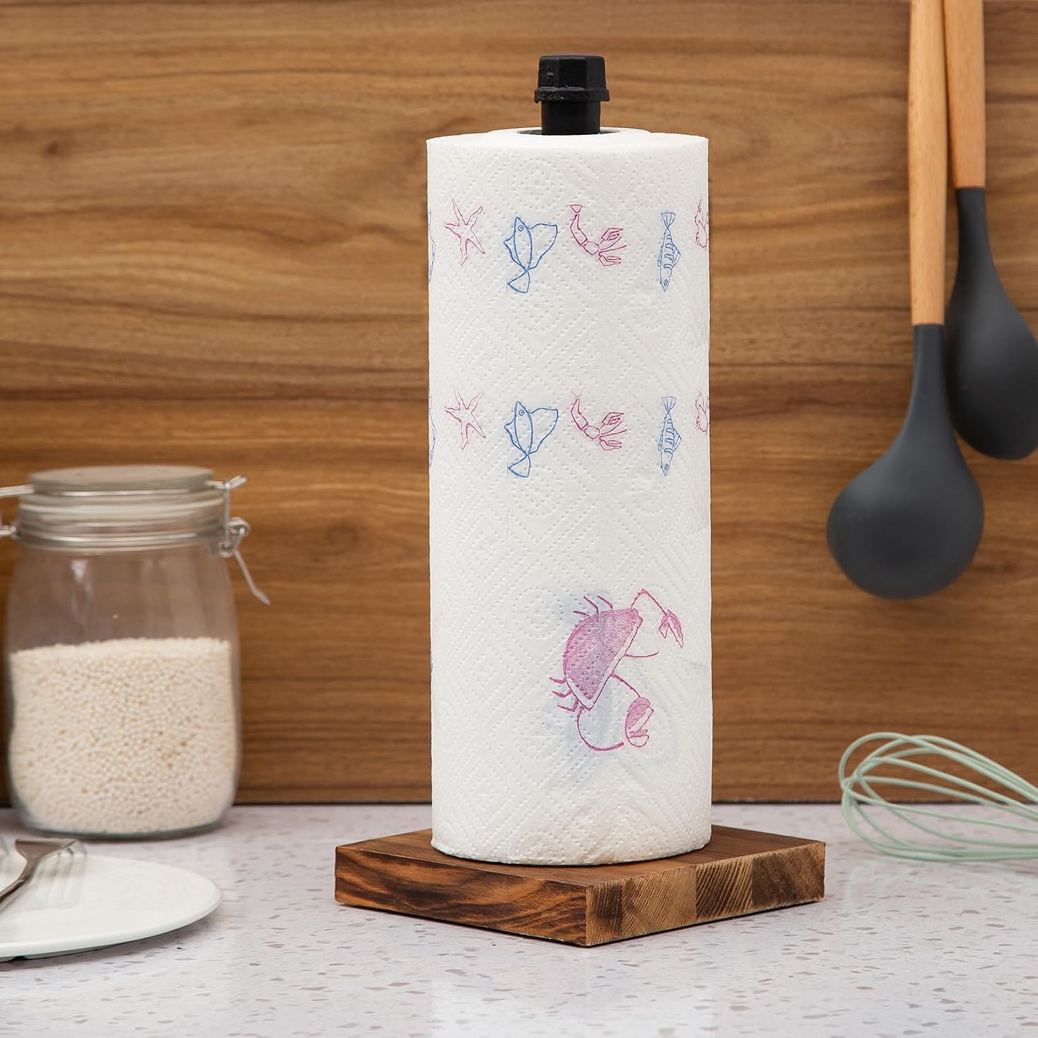 Rustic Industrial Iron Pipe Design Paper Towel Holder with Solid Wood Base Farmhouse Paper Towel Roll Dispenser for Kitchen Bathroom Livingroom Office (Dark Brown)