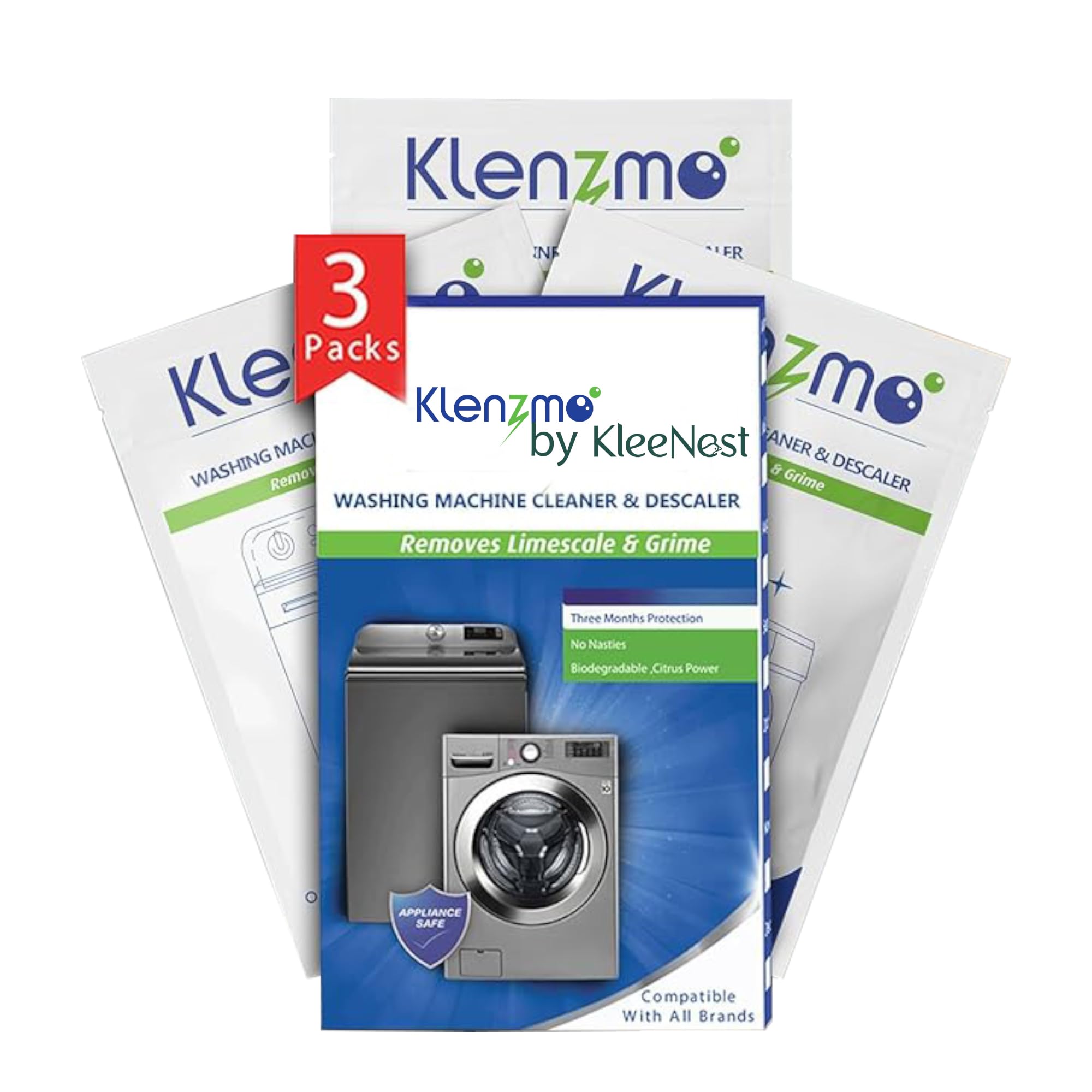 Klenzmo Washing Machine Cleaner & Descaling Powder, Descaler for top load and front load | Washing Machine Drum Cleaner & Tub Cleaner | 180g 3 pouch (Pack of 1)
