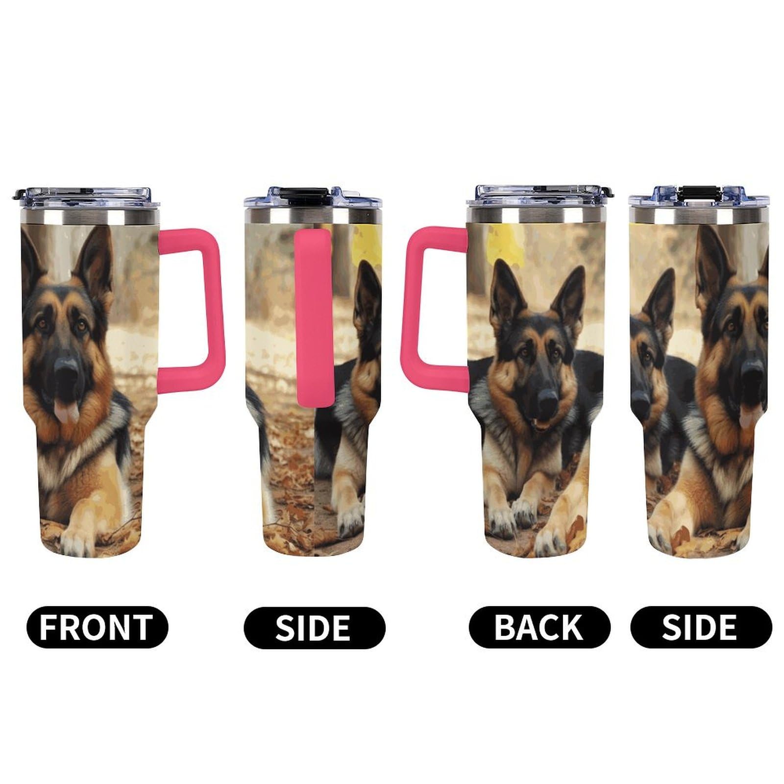 Autobecher mit großem Fassungsvermögen und Strohhalm-Deckel, deutscher Schäferhund, auslaufsicher, isoliert, Edelstahl, passt in Auto-Becherhalter