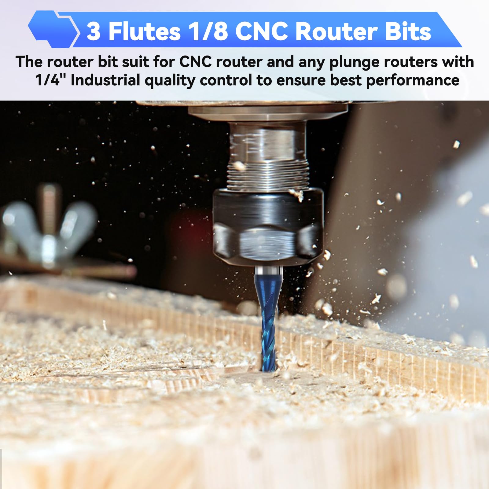 2 punte per fresa CNC a 3 scanalature, diametro di taglio 1/8", gambo da 1/4", fresa a spirale in carburo solido con rivestimento nano blu per intaglio del legno