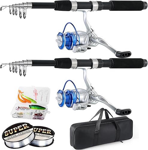 Combo de caña de pescar, juego de 2 cañas telescópicas de 6.9 pies, cañas de pescar plegables de fibra de carbono, juego de 2 carretes giratorios
