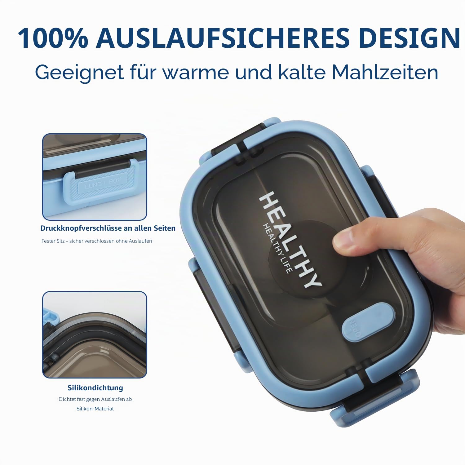OWill Lunchbox,brotdose mit fächern 1200ml,lunchbox erwachsene mit griff,bento box mit soßentopf und Besteckset,lunchbox kinder,jausenbox erwachsene kinder,mikrowellen und spülmaschinenfest,Blau