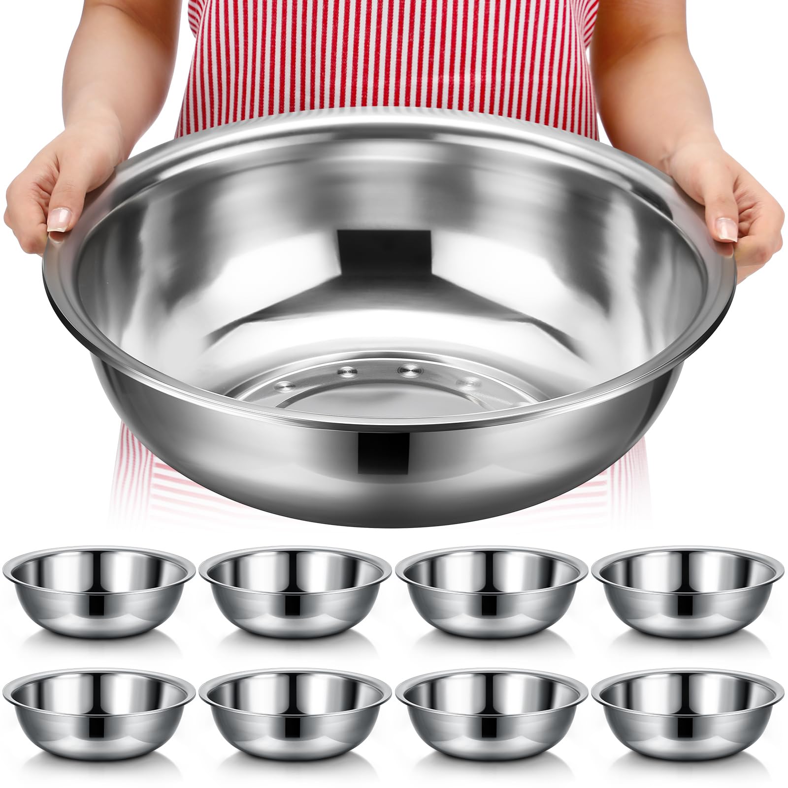 Nuogo 8 cuencos de acero inoxidable de 13 cuartos de galón, cuencos de metal para mezclar, cuenco grande para ensalada, lavabo con borde más profundo, apto para lavavajillas, cuencos de cocina con