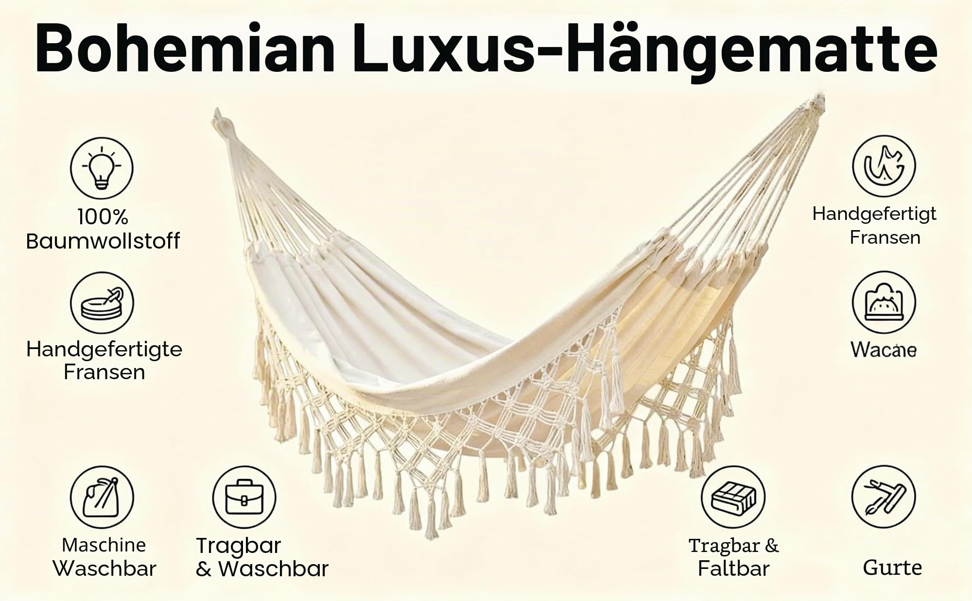 Hängematte für Hause drinnen und draußen Boho Hängematten Makramee DoppelHängematte groß Baumwolle weich für Zwei Personen Terrasse Hinterhof Veranda Rasen und Garten (Weiß,200 cm x 150 cm,200 kg)