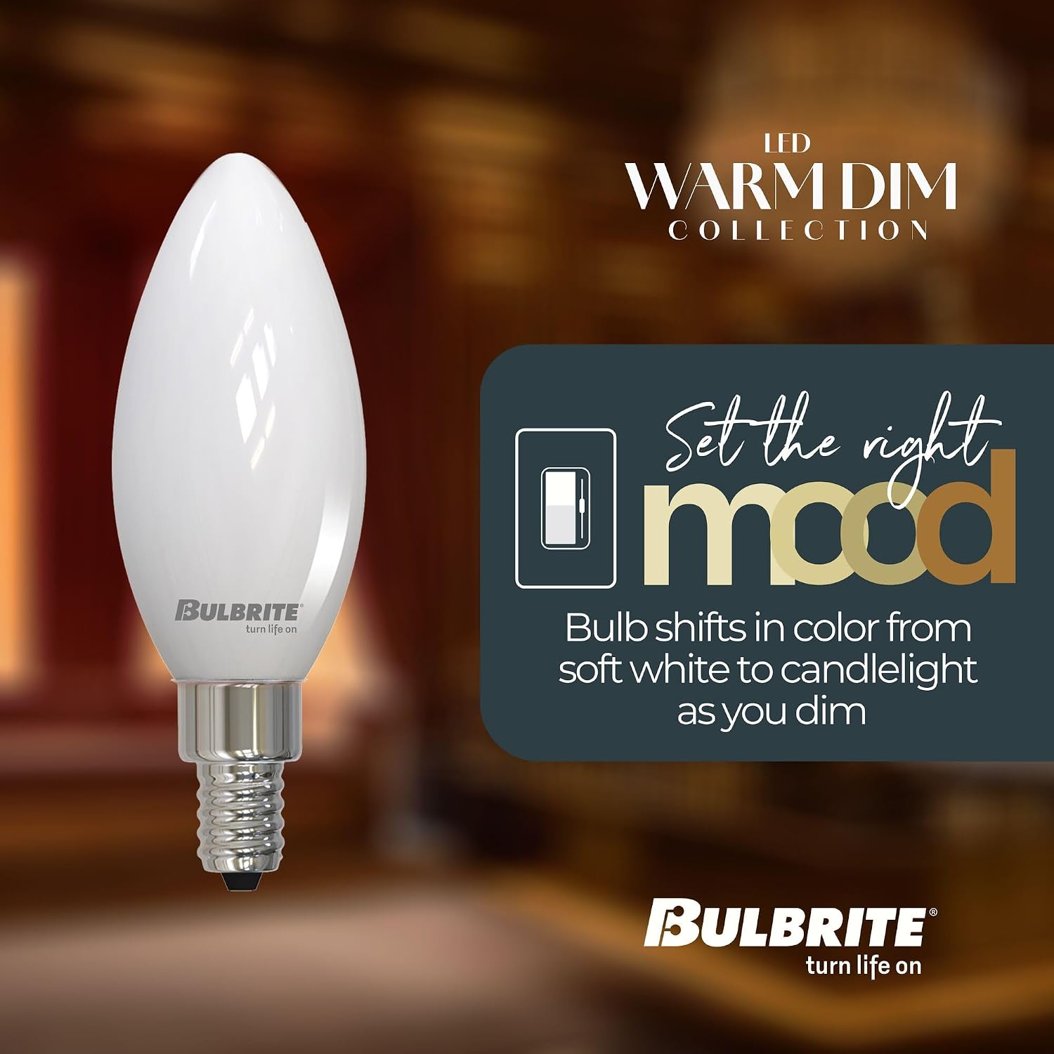 5 Watt LED B11 Light Bulbs, Warm Dimming 3000K (Soft White) - 1800K (Candlelight), 500 Lumens