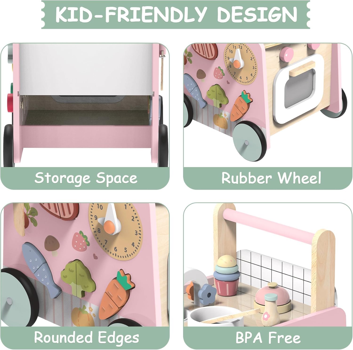 VITONIS Girello per Bambini di Legno, Carrello Primi Passi con 8 Giochi Interattivi, Girello Montessori Push Walker Regalo per Bambini e Ragazze