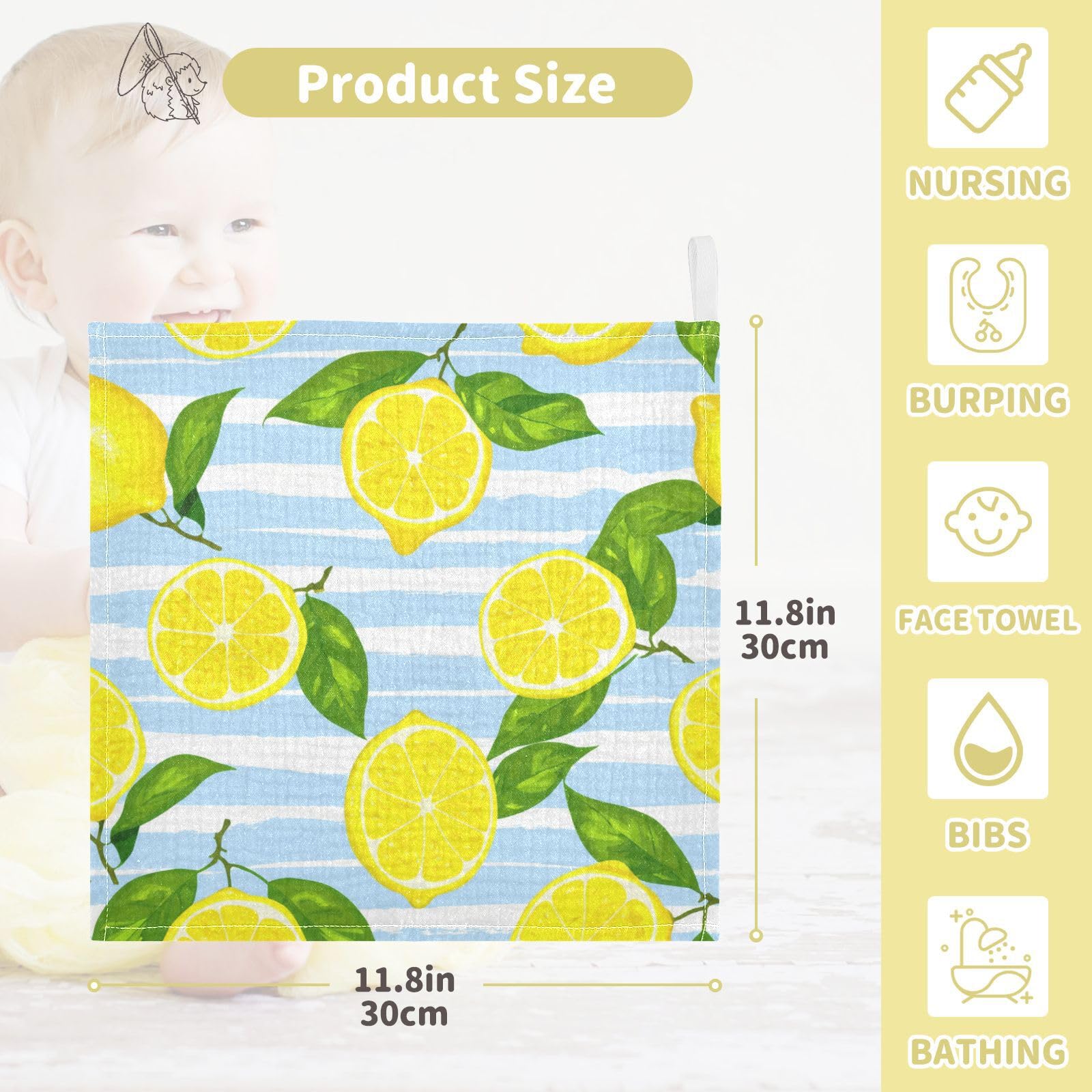 Kigai Yellow Lemons Baby Washcloths,3pcs Ultra Soft Absorbent Towel,Newborn Bath Face Towel, Natural Reusable Baby Wipes for Sensitive Skin, Baby Registry as Shower