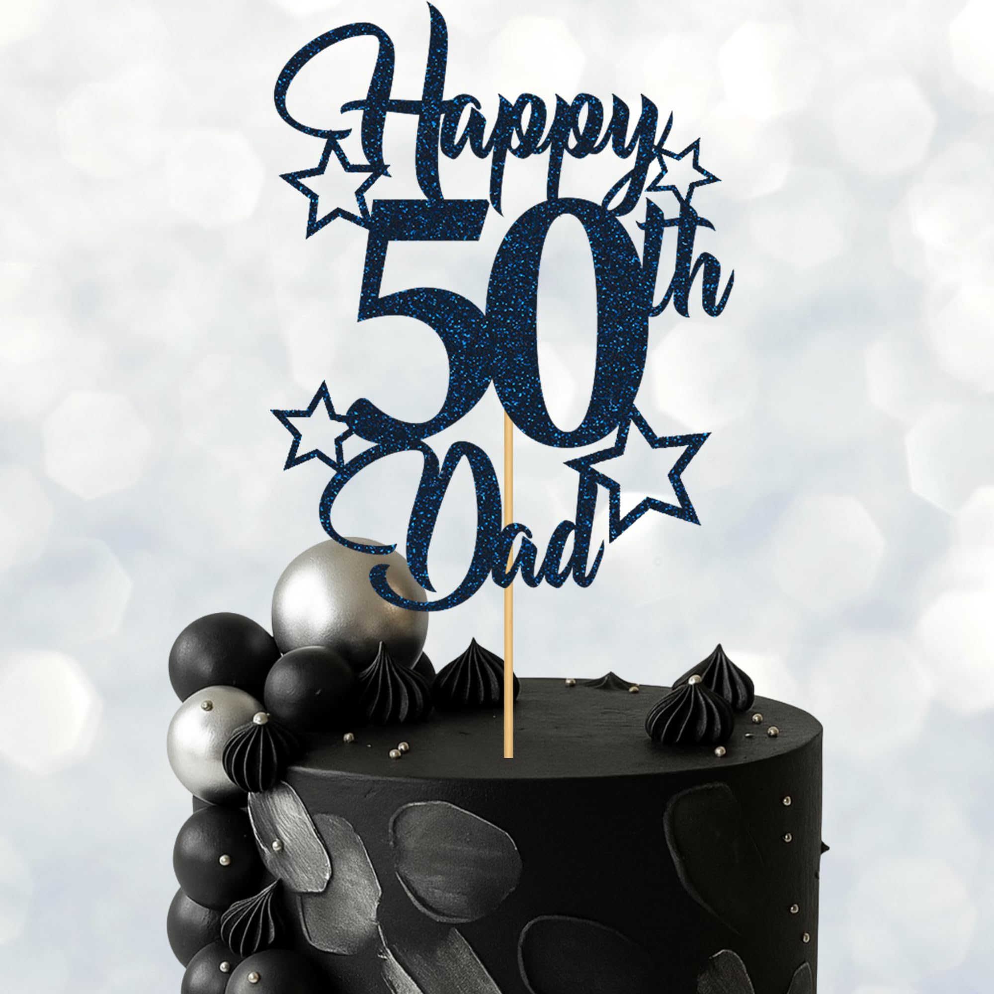 Glitter Birthday Cake Topper for Dad with stars, Birthday Cake Topper, Party Decorations, Party Supplies, 40, 50, 60, 70,80, 90 Many colours (50th, Navy blue (20cm))