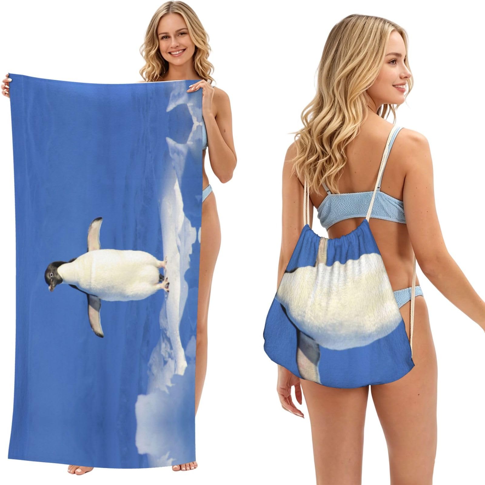 SATUSA Cute Penguin Print 2-In-1 Foldable Beach Towel Backpack â€“ Camping, Yoga And Travel,Bath Towel With Built-In Storage, Convertible Beach Mat & Carry Bag