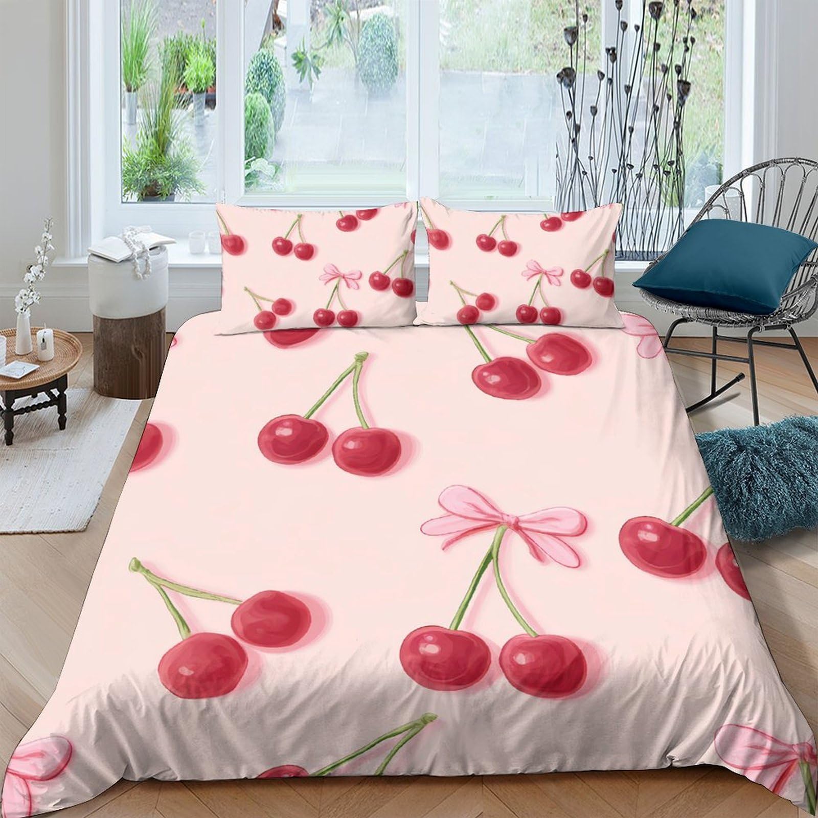 Ctjqhvkz Style-6 3D Printed Cherry Bow Fitted Sheet Microfiber Soft Pink Bedroom Decor Red Fruit Bed Cover For Home Guest Room Single（135X200cm）