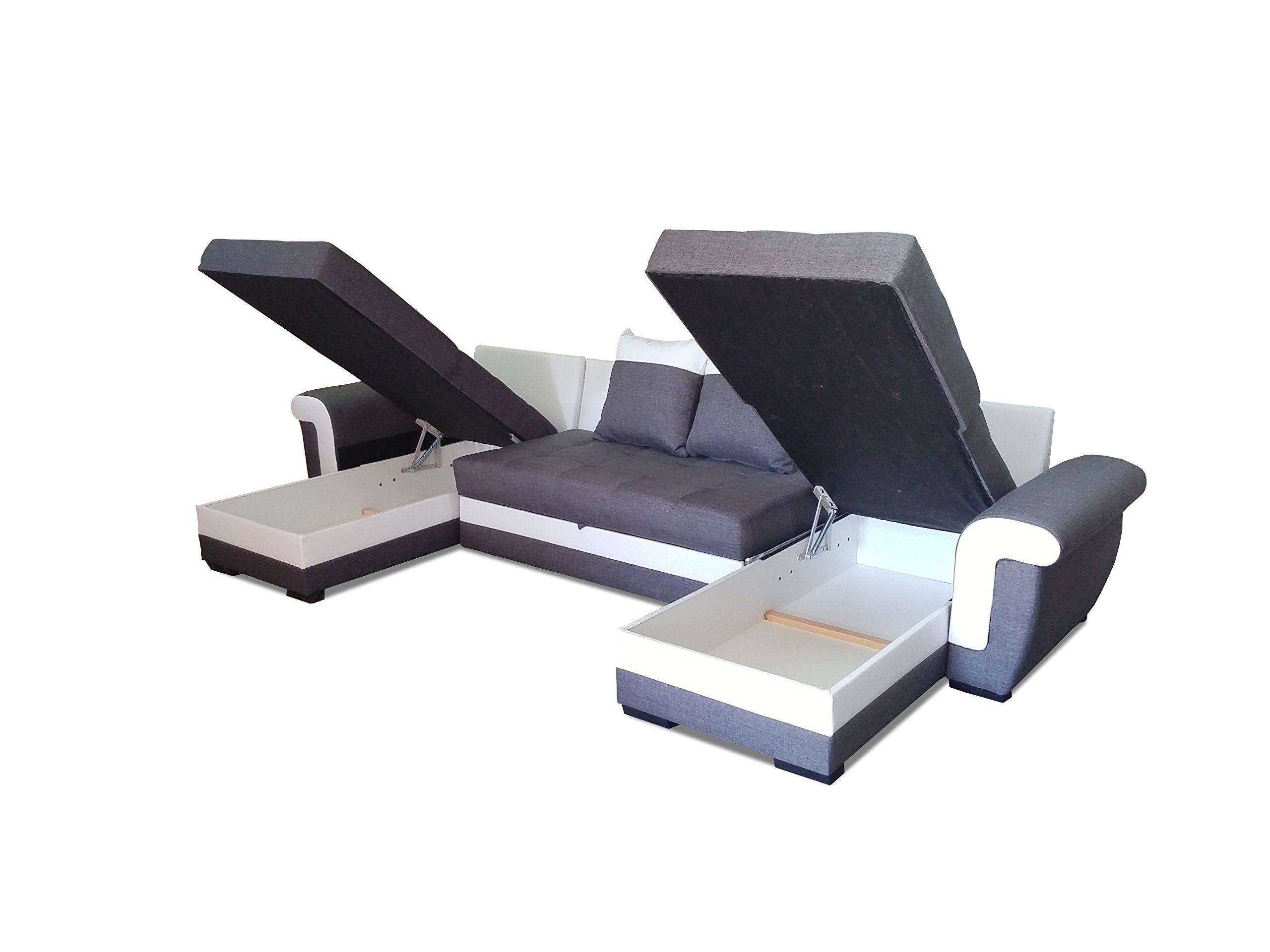 All4All Ecksofa mit Schlaffunktion Ivett U 330 cm x 158 cm - Wohnlandschaft U-Form - XXL Sofa mit 2 Bettkasten - Schlafsofa Groß - Grau/Weiß - Gewebe mit Kunstleder - Modern 19
