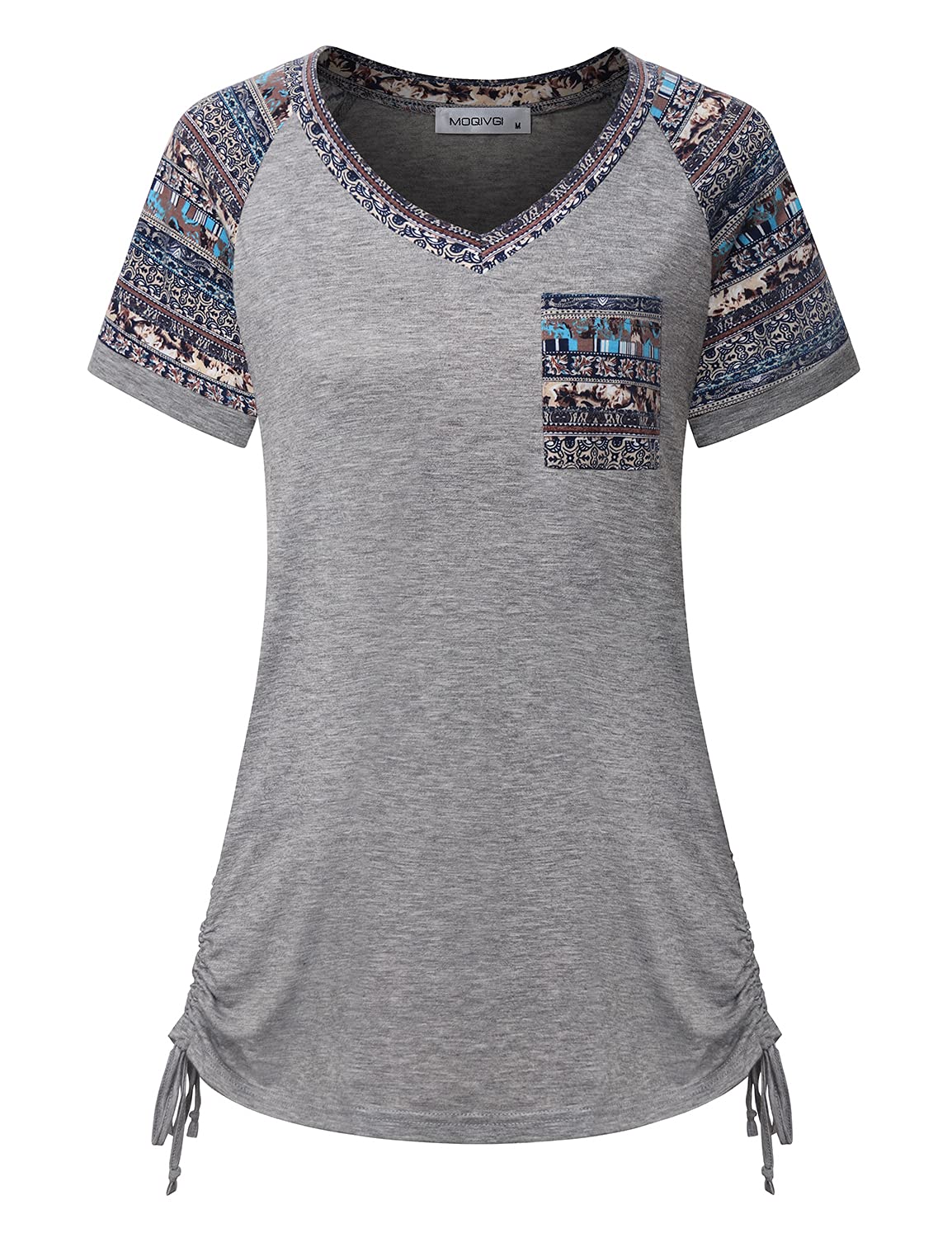 MOQIVGIWomens Color Block Tops Trendy Casual Side Shirring Short Sleeve V Neck Shirts with Pocket