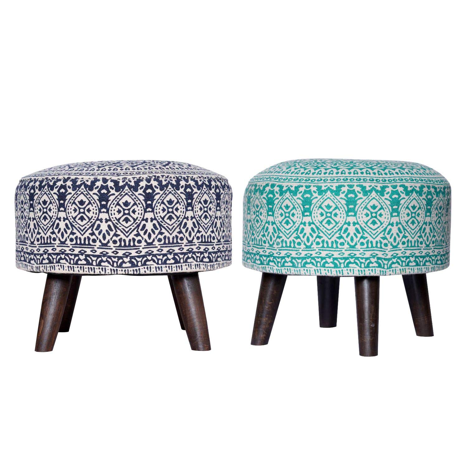 nestroots Set of 2 Wooden Ottoman Stools for Living Room | Printed Pouffes for Sitting, Footrest with 4 Wooden Legs | 14 Inch Height, Blue and Green | Stylish & Comfortable Furniture for Home Dcor-image-14