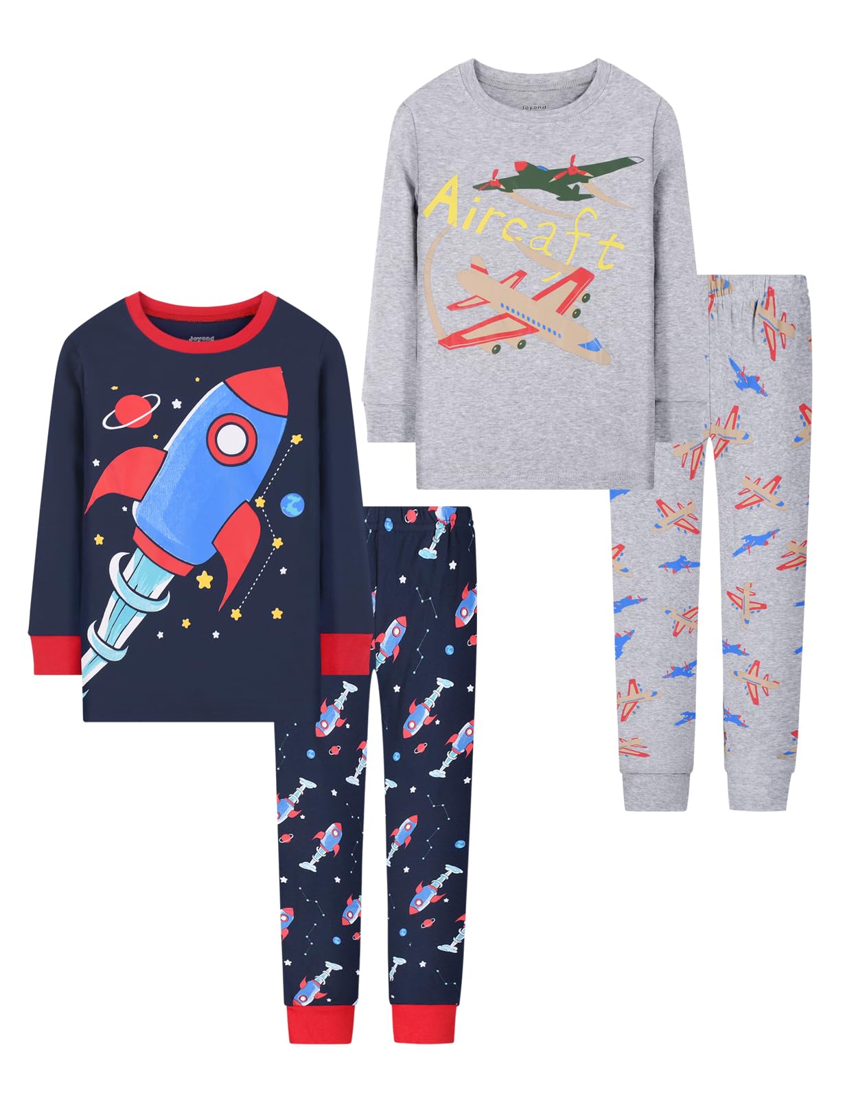 Joyond Boys' 4-Piece Snug Fit Cotton Pajama Set Size 2T-12Years, Kids Boys Long-Sleeve Clothes Top and Pants Sleepwear Sets