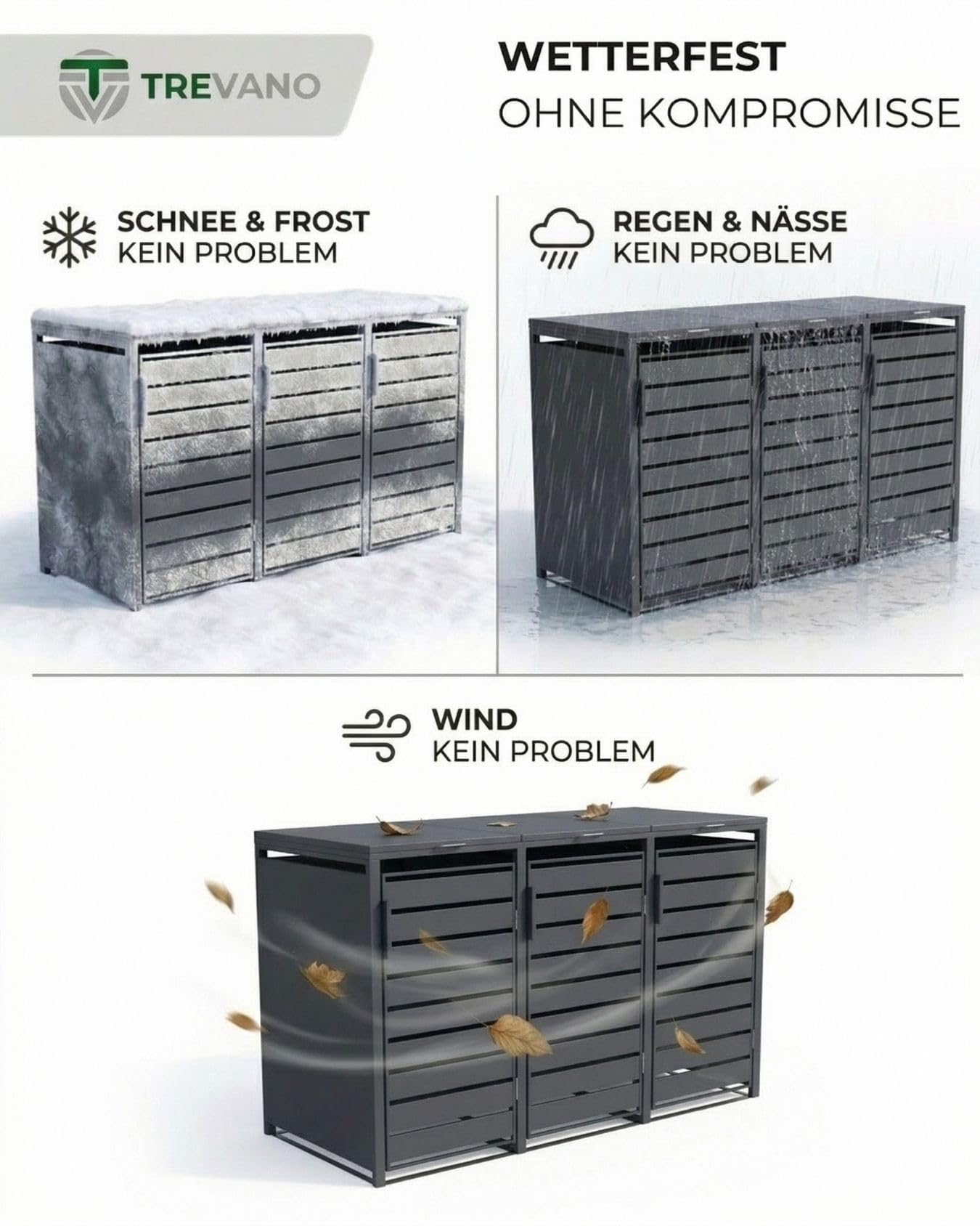 TREVANO Mülltonnenbox 4er 240l - Mülltonnenverkleidung 4 Tonnen Anthrazit - Robustes Mülltonnenhaus aus Stahl - Wetterbeständige Müllboxen für 4 Tonnen - Mülltonnen Unterstand 120l-240l