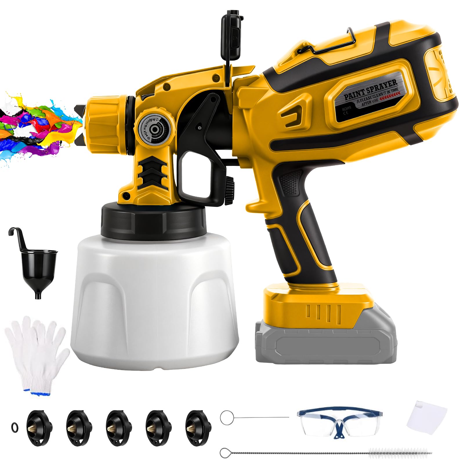 Pulverizador de Pintura Inalámbrico con LED para Dewalt 20V (sin batería) | 200W, Sistema de Pintura Eléctrico, Depósito 1,4L, 3 Patrones, 5 Boquillas, Cepillo, Guantes, Gafas