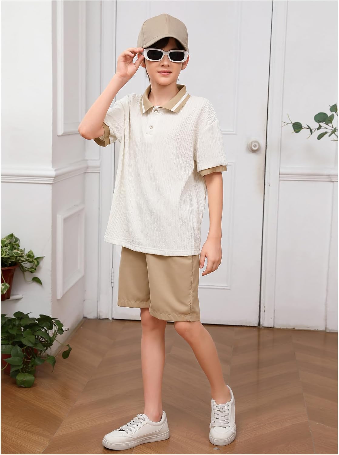 OYOANGLE Boy's 2 Piece Outfits Textured Collared Neck Short Sleeve T Shirt and Elastic Waist Shorts Set - Image 4