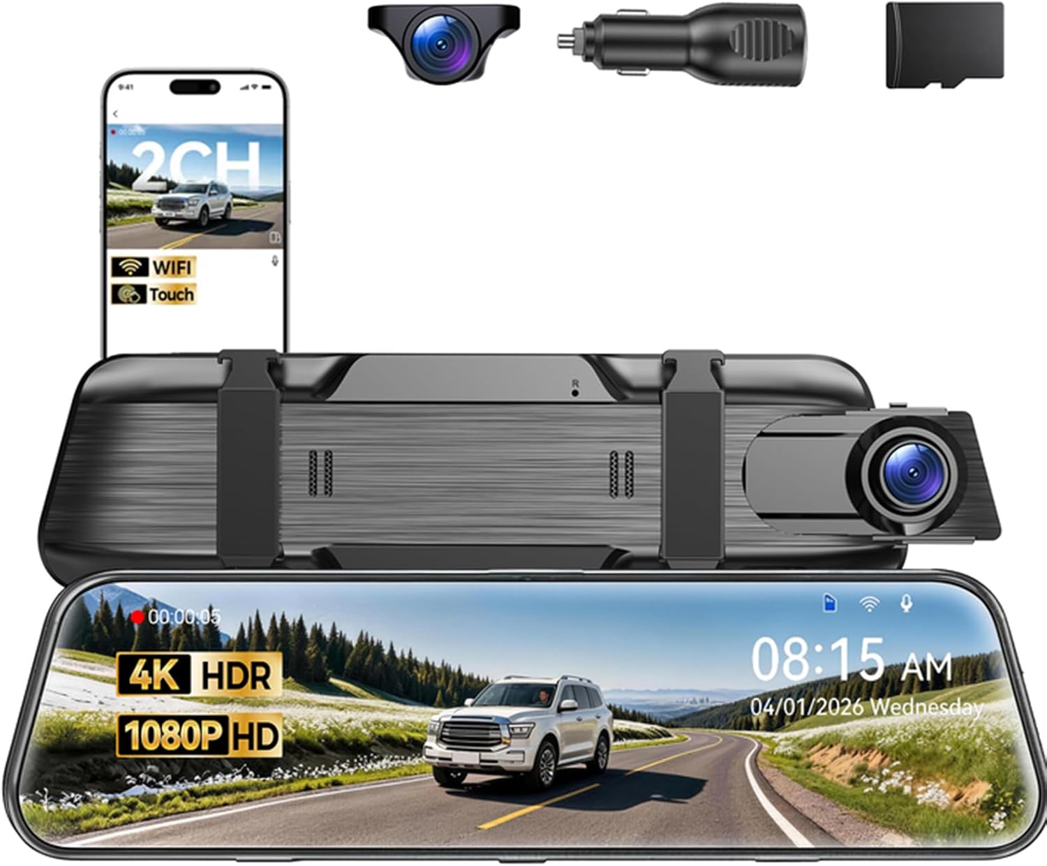 4K Mirror Dash Cam, Rear View Mirror Camera 10'', FHD Full Touch Screen Dash Cam Front and Rear Cam with WiFi & Night Vision, Streaming Media Wide Angle Parking Assistance Free 32GB