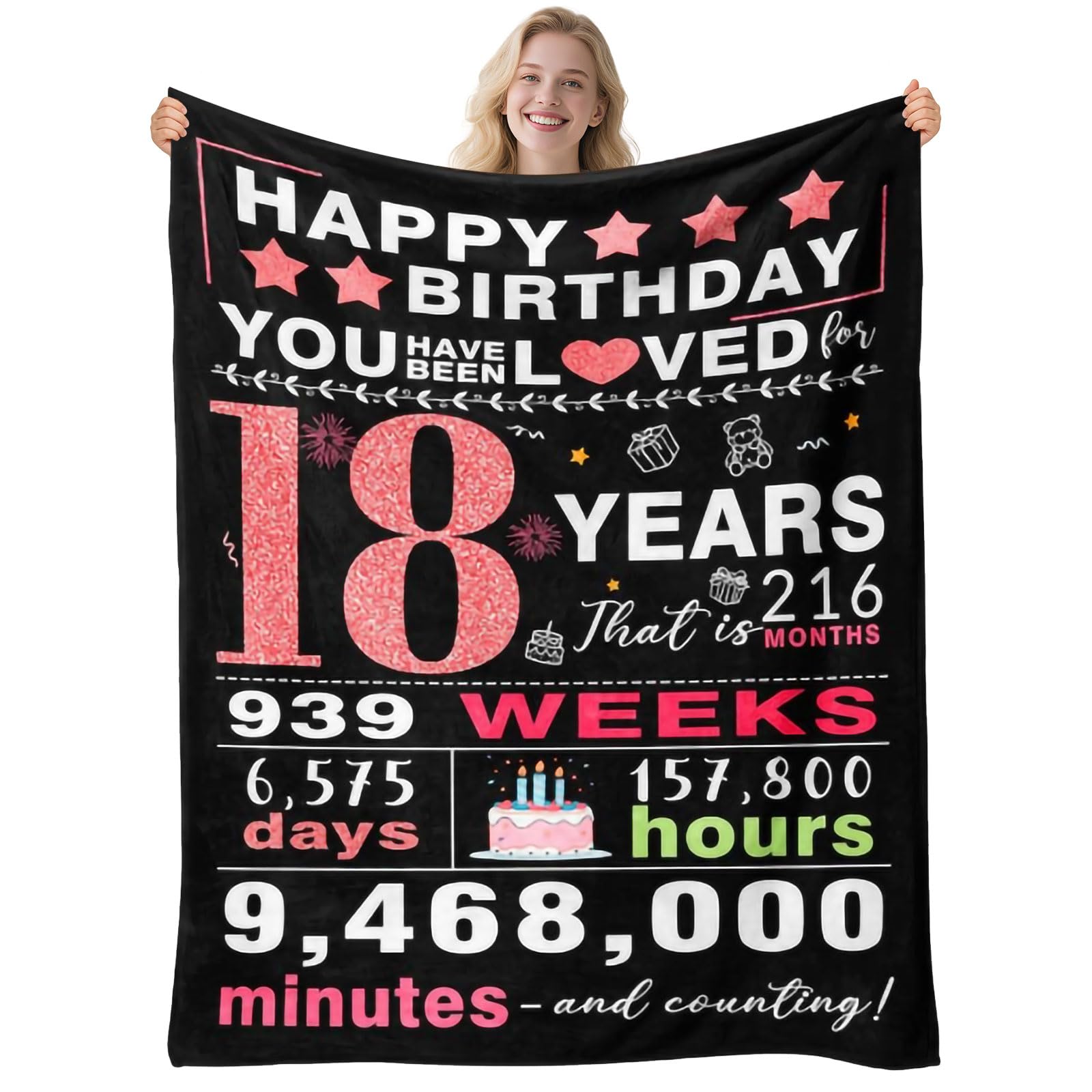 twirush 18th Birthday Gifts for Girls, 50" x 60" Gift for 18 Year Old Girl, Time Counting Birthday Blanket for 2008, Official Adult Gifts for Girl, Sister, Daughter, Granddaughter, Niece on Birthday