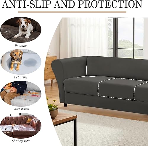 Miniatura 4 de Funda elástica de 4 piezas para sofá de 3 cojines, 100% impermeable, funda de sofá Chesterfield de 3 asientos, fundas de sofá lavables, protectores