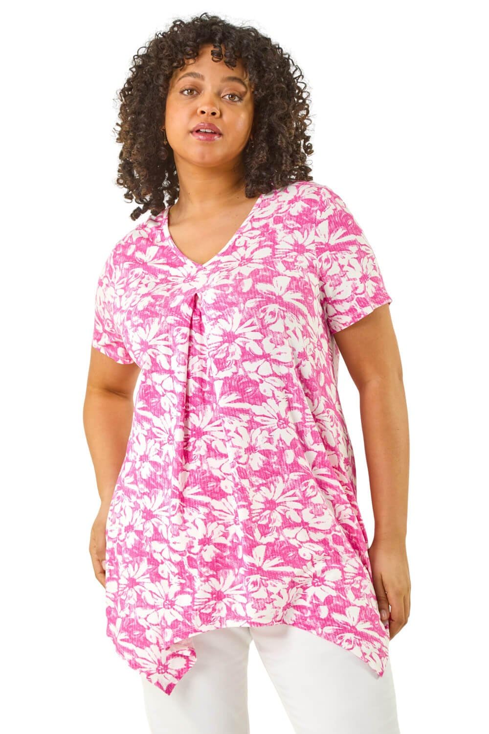 Roman Curve Women's Pink Hanky Hem Floral Tunic Top Size 20