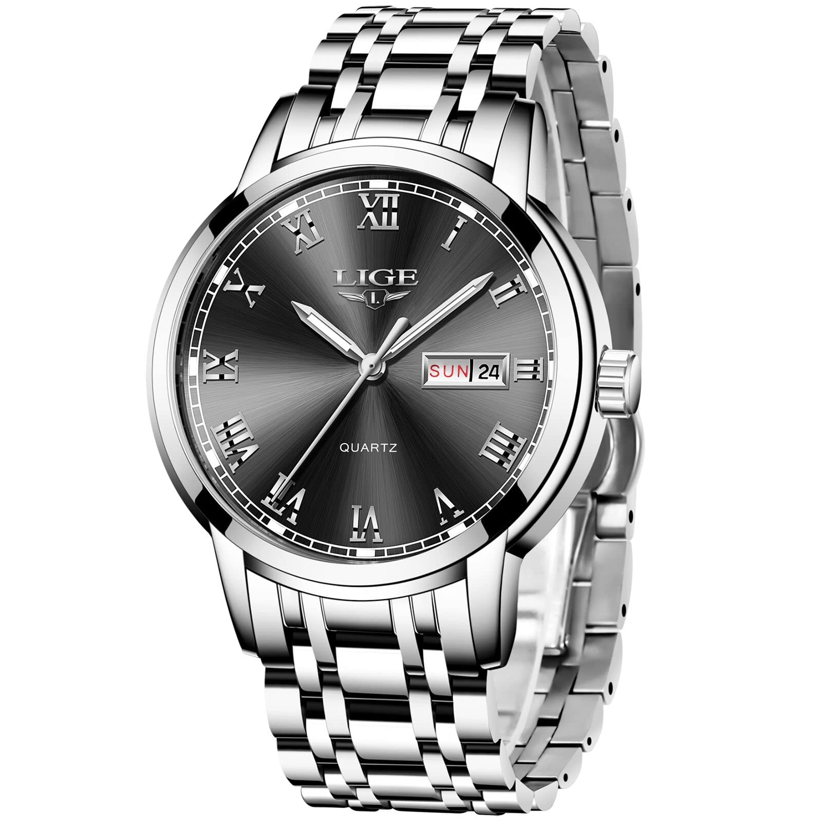 LIGE Mens Watches Fashion Waterproof Stainless Steel Analogue Quartz Watch Business Automatic Calendar Wrist Watch for Men