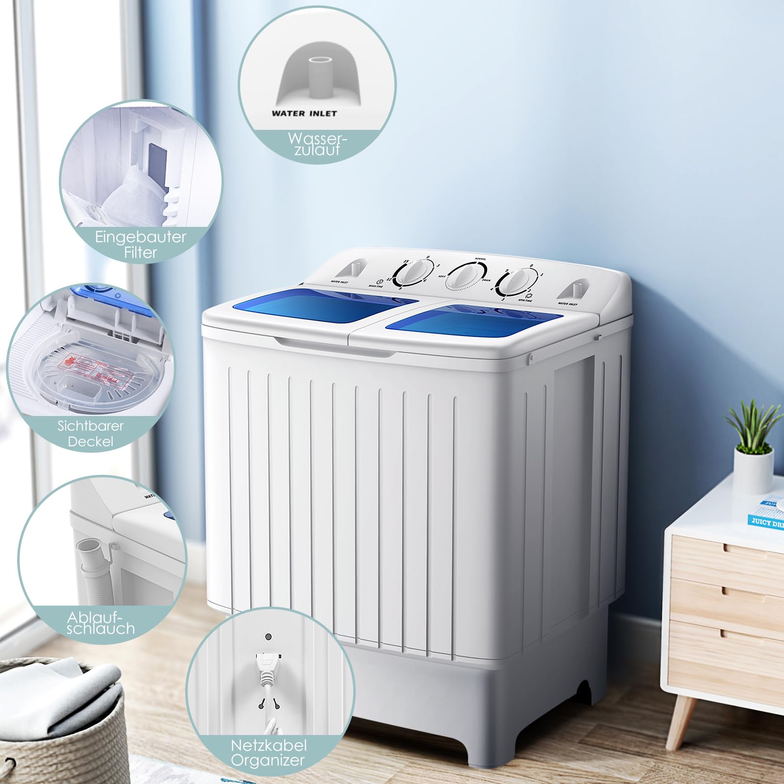 GOPLUS Mini wasmachine 4,5 kg, campingwasmachine met 2 kamers, reiswasmachine met centrifuge en timerfunctie, kleine wasmachine bovenlader, incl. afvoerpomp (wit blauw GOPLUS Mini wasmachine 4,5 kg, campingwasmachine met 2 kamers, reiswasmachine met centrifuge en timerfunctie, kleine wasmachine bovenlader, incl. afvoerpomp (wit blauw
